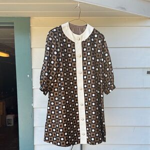 Brown and White Geometric Patterned Coat Smock Vintage